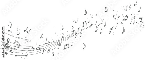 Gray musical notes and staff lines scattered across white background with textured appearance.