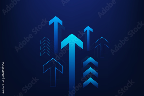 Business arrow up growth Investment technologies, finance and investment profit growth. Trading stock increase on blue background. Fantastic hi-tech design. Vector illustration