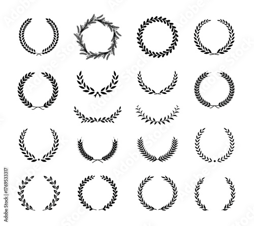 Collection of different black and white silhouette circular laurel foliate and wheat wreaths depicting an award, achievement, heraldry, nobility. Vector illustration.