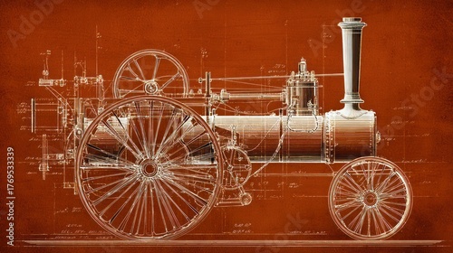 Vintage steam engine blueprint depicted on orange background engineering illustration