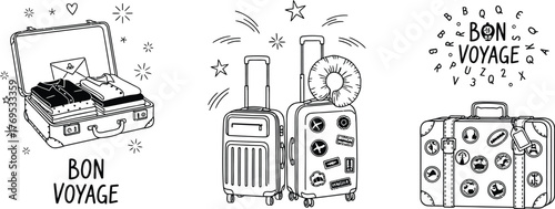 Three bon voyage themed illustrations with suitcases and travel items