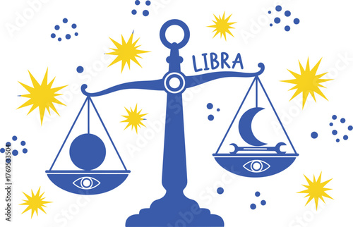 Illustration of libra zodiac sign with scales moon and stars on black