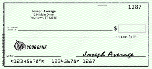 A mock, generic personal banking check that is blank is seen here as a vector image to be used as a graphic resource.