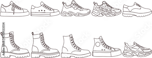 Collection of ten different styles of shoes and boots on orange ground