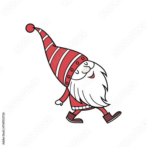 Cute cartoon gnome with red and white striped hat walking happily