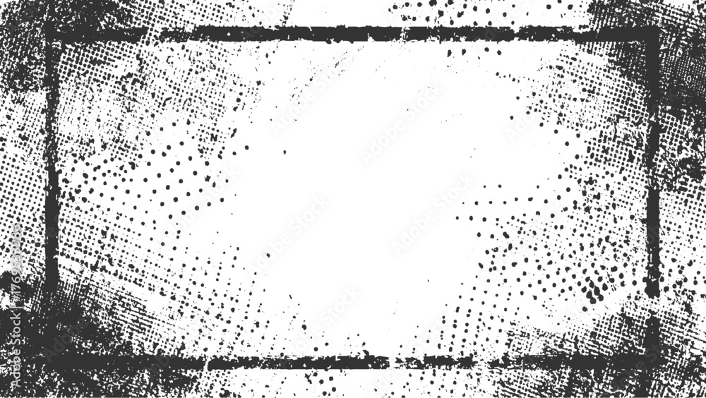 black distressed frame with halftone dot patterns and rough textures on white background.