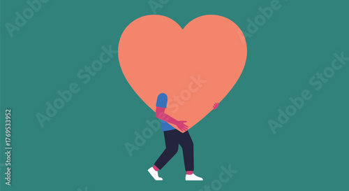 Person carrying a large heart on a teal background illustration art