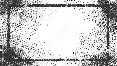 black distressed frame with halftone dot patterns and rough textures on white background.