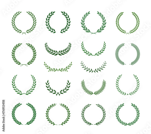 Set of green silhouette laurel foliate wreaths. Vector illustration for your frame, border, ornament design, wreaths depicting an award, achievement, heraldry, emblem, logo.