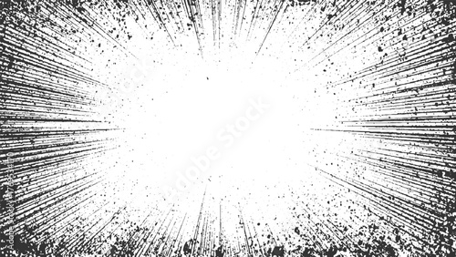 Black ink splatters and lines radiating outwards from the center on white background.