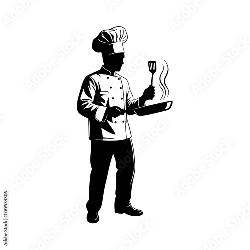 Silhouette of a male chef against a white background