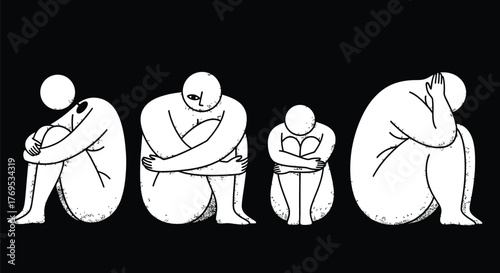 Illustration of four figures in fetal position on a black background