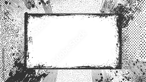 black distressed rectangular frame with abstract black and white patterns of dots and lines.