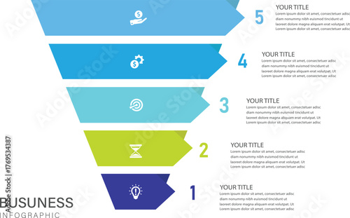Colorful 3D Funnel Business Infographic with Five Steps for Marketing, Strategy, Sales and Growth Presentation