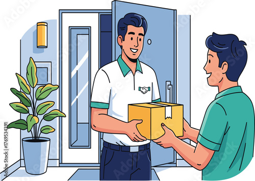 Package delivery at home door with smiling customer, professional courier service, safe logistics, modern lifestyle, and residential handoff concept