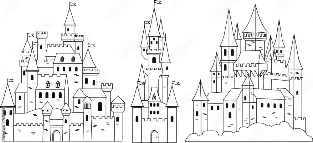 Obraz premium Three colorful cartoon castles with flags and towers on a white background