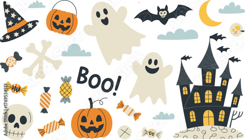 Cute flat Halloween illustration with ghosts, pumpkins, candies, witch hat, haunted castle, bat, skull, moon, spooky festive cartoon decoration