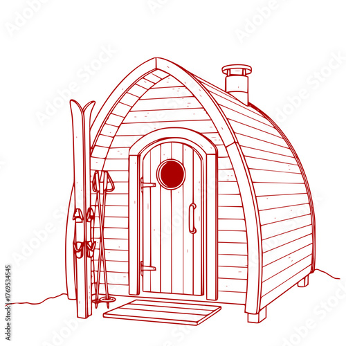 Skis by sauna cabin door - Rustic stile vector 