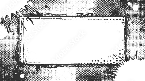 black and white distressed grunge border frame with halftone dots and ink splatters.
