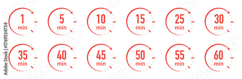 Set of min icons with circle arrows. Clock hands 1, 5, 10, 15, 20, 25, 30, 35, 40, 45, 50, 55, 60 min. Stopwatch symbols. Delivery time icon set. Service time, isolated on white. Vector illustration