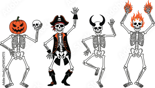 Four skeletons dressed up in halloween costumes posing together flat