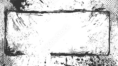 black distressed rectangular frame with grunge textures and halftone dots on white background