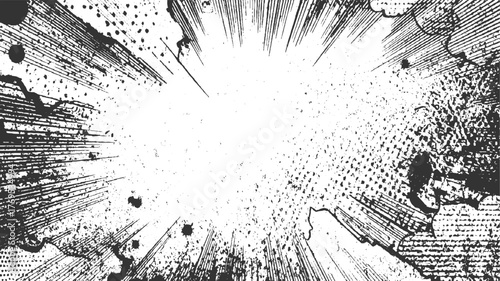 Black ink splatters and lines radiate outwards on white background creating dynamic explosion effect.