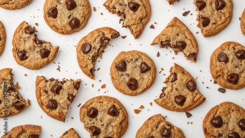 Close up of chocolate chip cookie pieces with crumbs isolated on white background