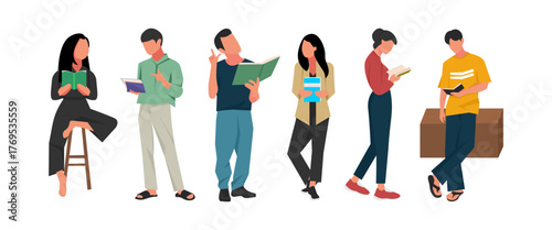 A set of young male and female students reading books while holding open textbooks. Flat cartoon vector illustration of education, studying, and love for learning on white background.
