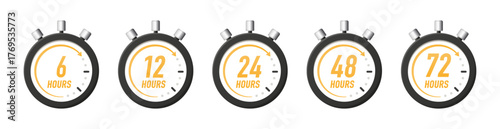 A set of 6, 12, 24, 48, and 72 hour clocks with white background. Work time icons. Shipping time management collection. Delivery and service time icon. Vector illustration