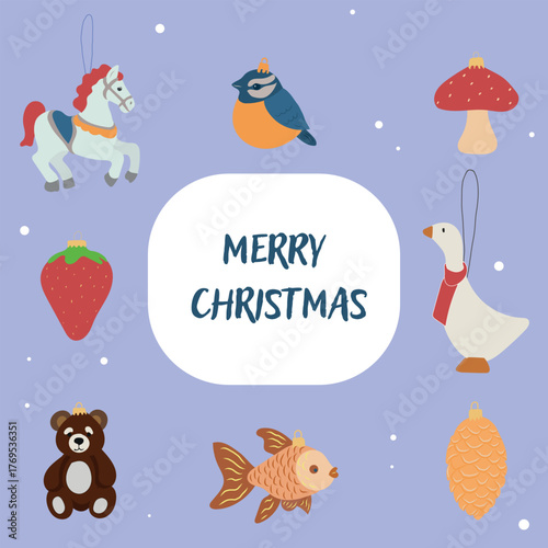 Christmas tree decorations set — cute vector ornaments with goose, horse, fish, bird, and mushroom in pastel colors