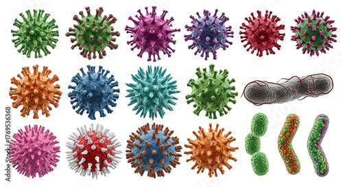 Collection of various viruses and bacteria, isolated on transparent background