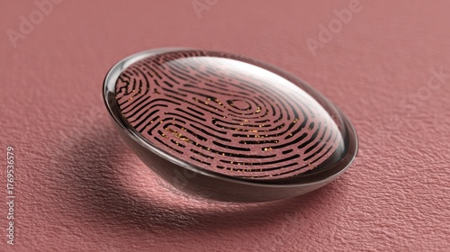 Close up of contact lens with a fingerprint pattern against a pink textured background