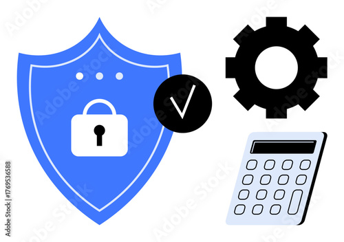 Blue shield with lock, checkmark, gear, and calculator symbolizing data protection, system reliability, cybersecurity, financial planning, authentication, safe processes simple flat metaphor