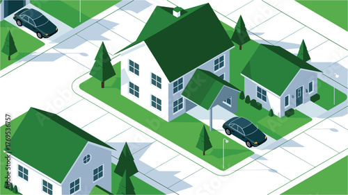 Isometric suburban neighborhood with houses and cars
