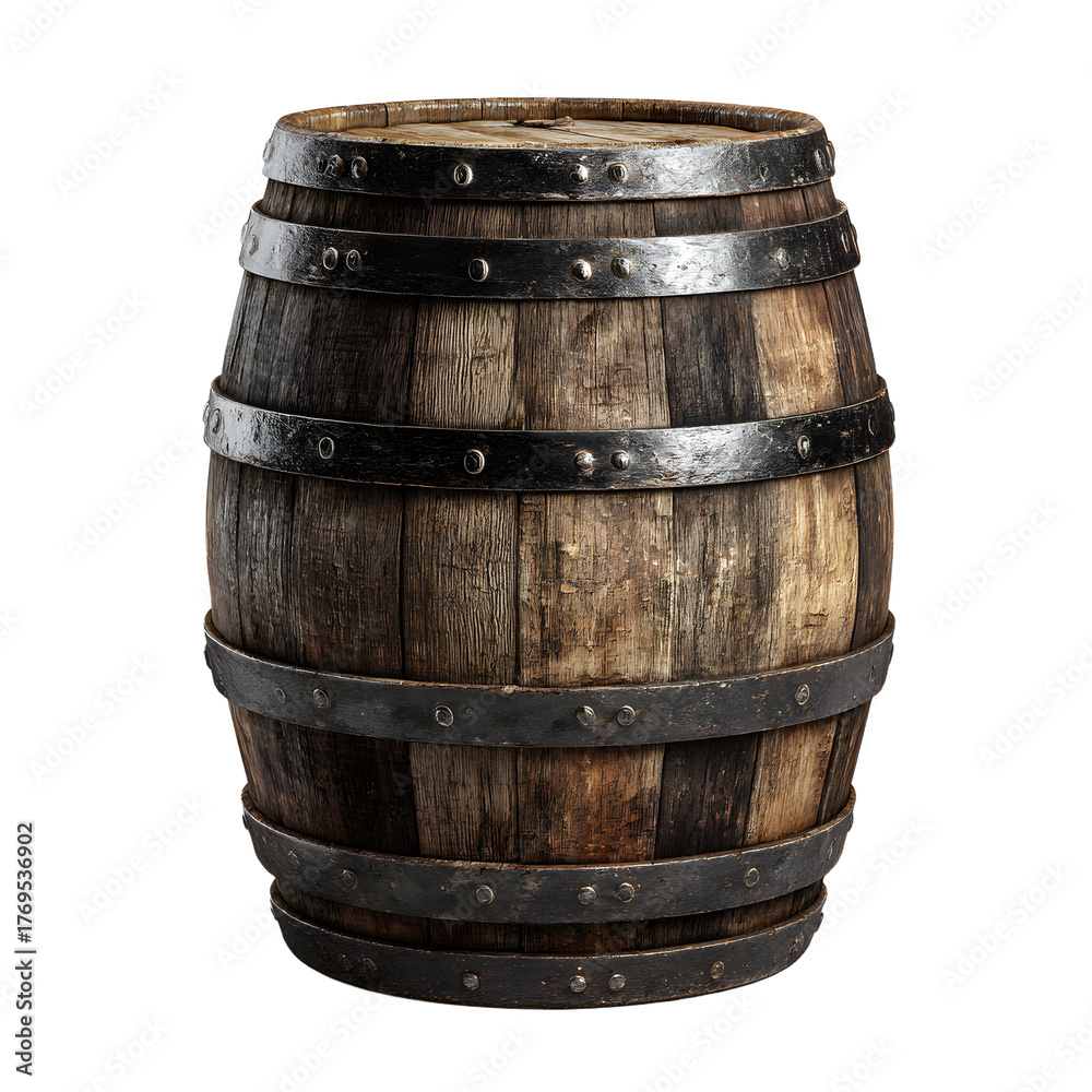 Fototapeta premium Vintage Wooden Barrel with Iron Rings on Dark Background