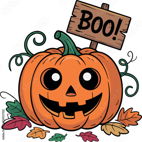 Smiling jack o lantern with boo sign and autumn leaves