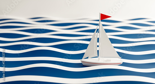Small sailboat with red flag navigates stylized blue ocean waves