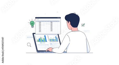 Business analytics expert reviewing data on laptop for strategic insights