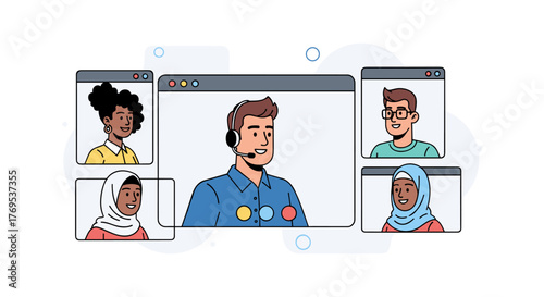 Virtual team meeting with diverse colleagues in online video conference