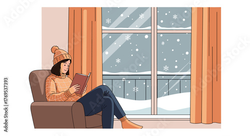 Cozy winter scene with woman reading by the window in snowy weather