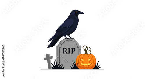 Spooky halloween scene with crow, tombstone, and pumpkin