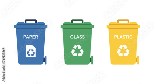 Colorful waste bins for paper, glass, and plastic recycling with icons