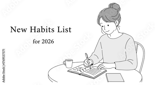 Woman creating new habits list in 2026 with coffee and notebook in minimalist style