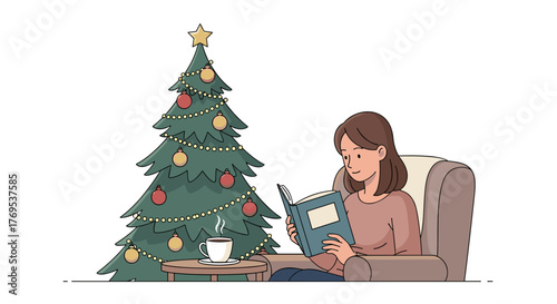 Cozy holiday reading by the christmas tree with warm tea and festive decor