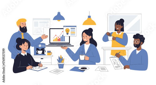 Collaborative office team working on project with laptops and charts in modern workspace