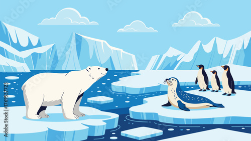 Arctic Landscape Vector Illustration, Cartoon Polar Scene with Polar Bears, Penguins, Seal, Glacier, and Snow Mountains for Winter, Nature, and Wildlife Design