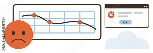 Downward line graph with data points, red sad emoticon, error message box, and cloud. Ideal for business loss, mistakes, failure, analytics issues, disappointment error handling or recovery