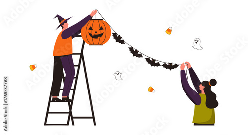 Halloween celebration: people decorating with pumpkins and ghosts in flat style
