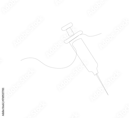Continuous one line drawing of a syringe.white background, Illustration of a single line drawing of a medical syringe. Medical health, anti virus concept in one line. Editable outline